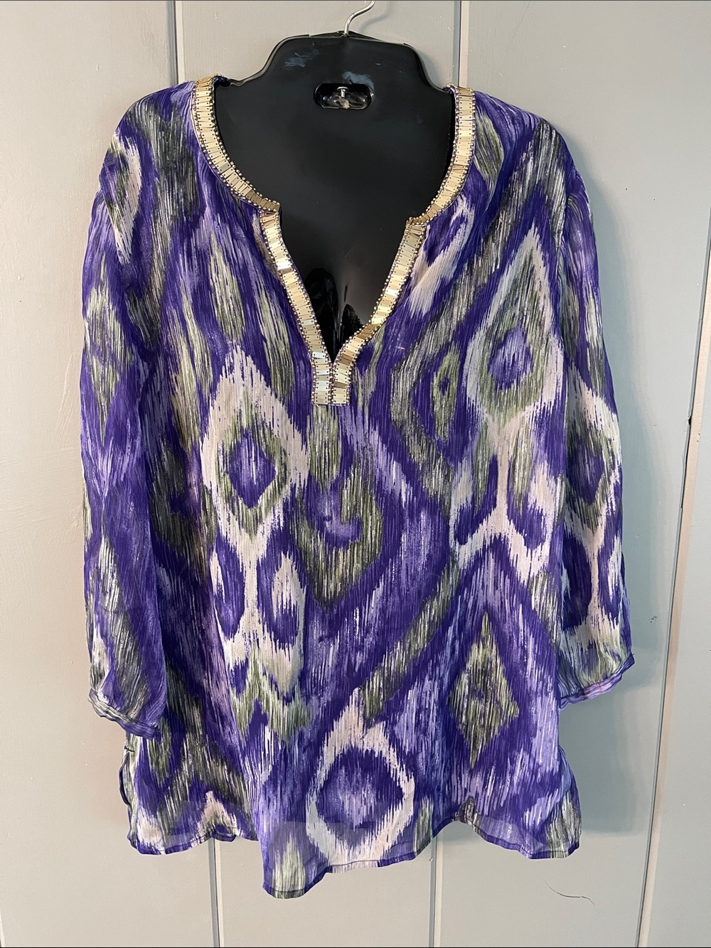 Chico's Blouse Purple Gold Beading Sheer Bohemian Artsy Romantic Festival Boho
